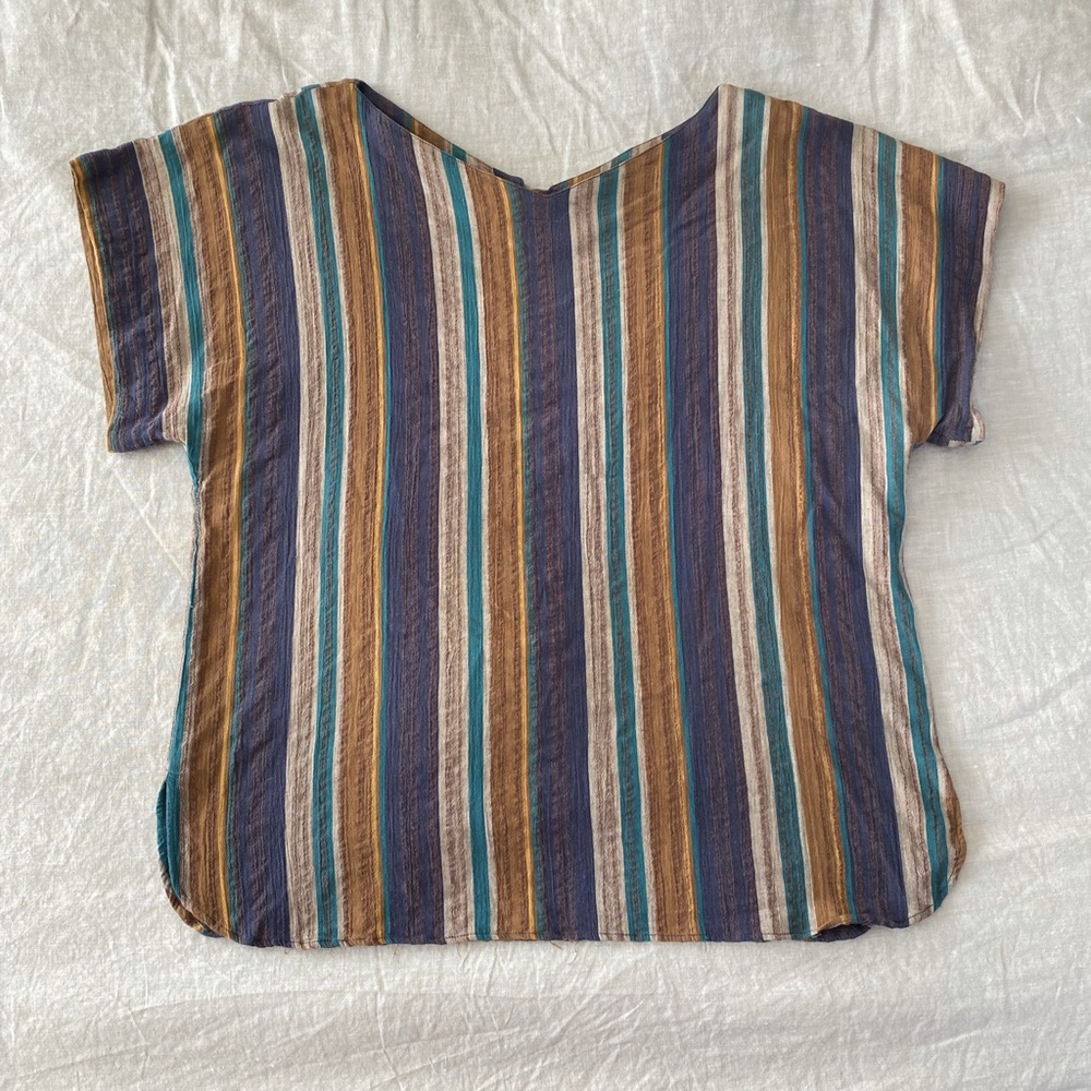 Vintage Christian Dior Separates Striped Cotton Blouse with Wooden Button